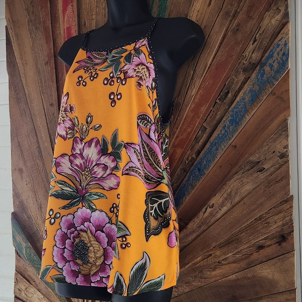 Farm Rio orange/purple florals side slits tunic/top/blouse Sz M